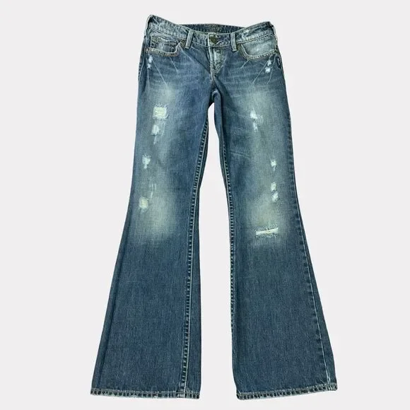 Silver Jeans Womens  28x32 Blue Aiko Flare Distressed‎ Whiskered Stretch Denim - Picture 2 of 16